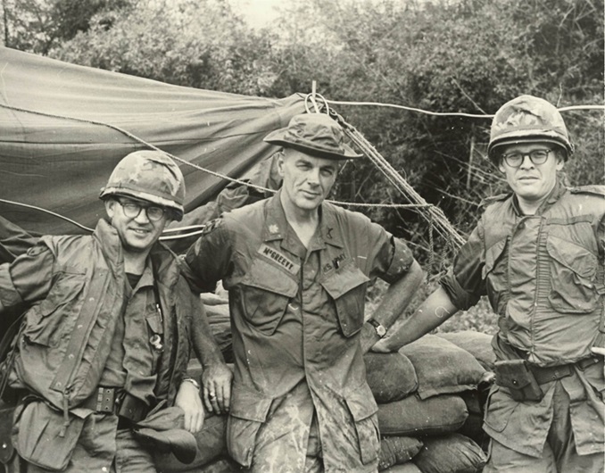 In January 1970, prior to the court martial of William Calley, defense and trial counsel in the case traveled to the village of My Lai to view the crime scene and speak with witnesses. (Left to right) Major Kenneth A. Raby, defense counsel; Major T. McGreevy, CID; Captain Aubrey Daniel, trial counsel. (Credit: JAG Corps Regimental Archives)